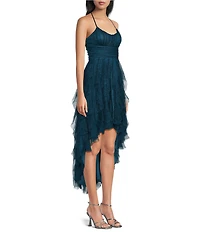 Pear Culture Glitter Mesh Scoop Neck Corkscrew Hi-Low Dress