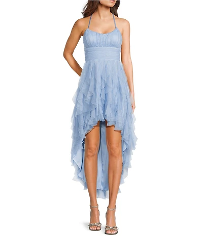 Pear Culture Glitter Mesh Scoop Neck Corkscrew Hi-Low Dress