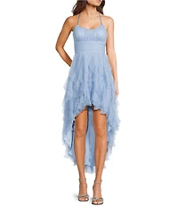 Pear Culture Glitter Mesh Scoop Neck Corkscrew Hi-Low Dress