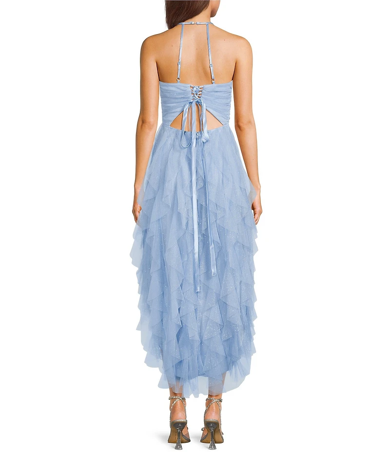 Pear Culture Glitter Mesh Scoop Neck Corkscrew Hi-Low Dress