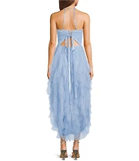 Pear Culture Glitter Mesh Scoop Neck Corkscrew Hi-Low Dress