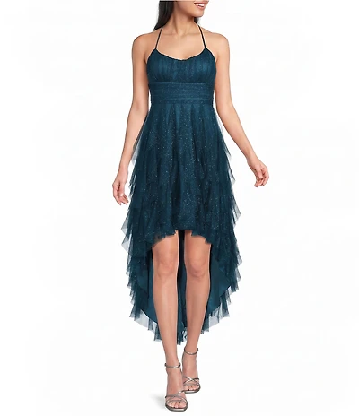 Pear Culture Glitter Mesh Scoop Neck Corkscrew Hi-Low Dress