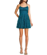 Pear Culture Glitter Mesh Scoop Neck Corkscrew Ruffle Dress
