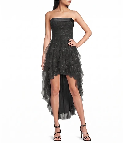 Pear Culture Glitter Mesh Strapless Corkscrew Ruffle High-Low Dress