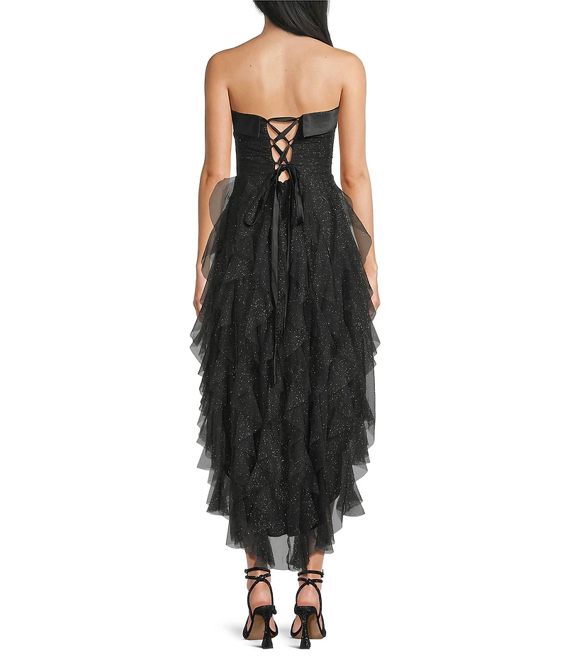 Pear Culture Glitter Mesh Strapless Corkscrew Ruffle High-Low Dress