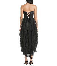 Pear Culture Glitter Mesh Strapless Corkscrew Ruffle High-Low Dress