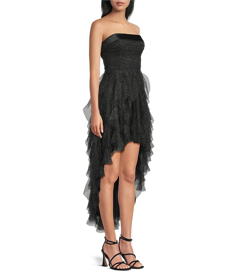 Pear Culture Glitter Mesh Strapless Corkscrew Ruffle High-Low Dress