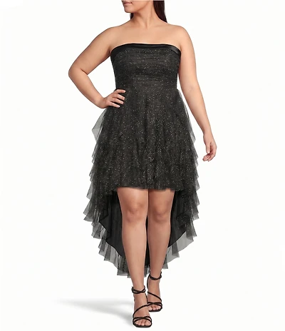 Pear Culture Glitter Mesh Strapless High-Low Dress