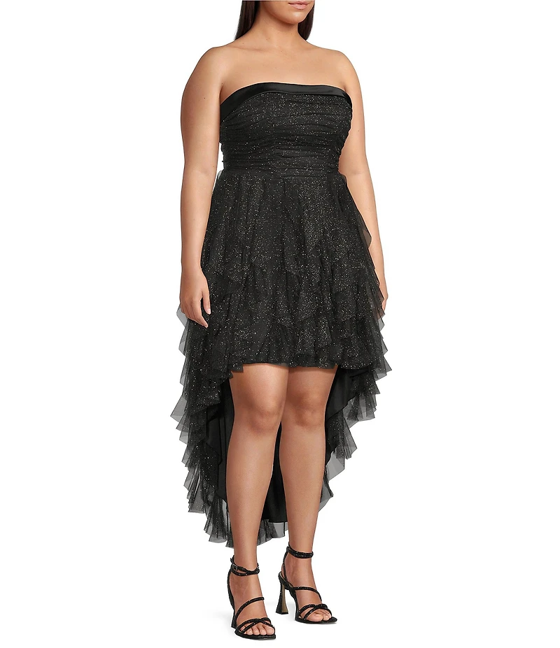 Pear Culture Glitter Mesh Strapless High-Low Dress