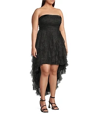 Pear Culture Glitter Mesh Strapless High-Low Dress