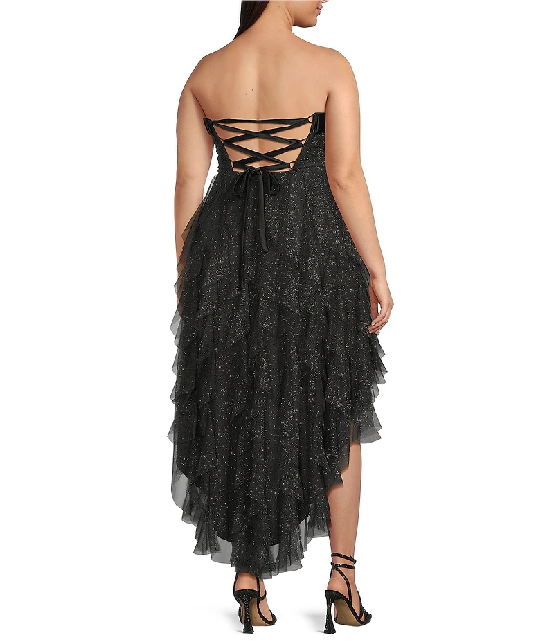 Pear Culture Glitter Mesh Strapless High-Low Dress