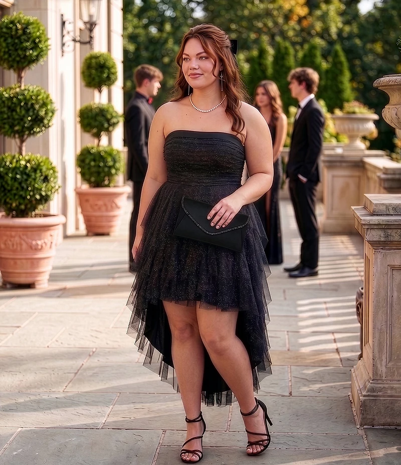 Pear Culture Glitter Mesh Strapless High-Low Dress