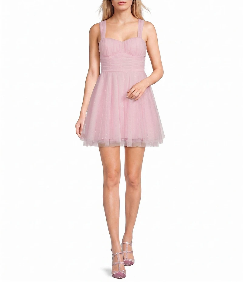 Pear Culture Glitter Mesh Sweetheart Neck A-Line Dress