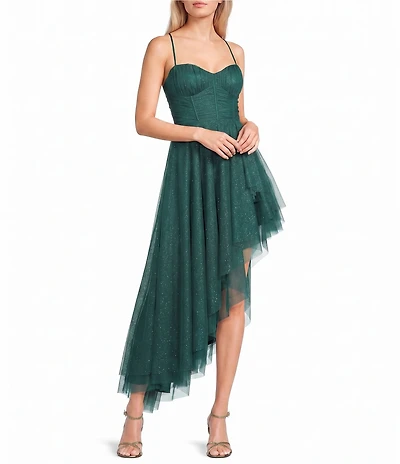 Pear Culture Glitter Mesh Sweetheart Neck Corseted Asymmetrical Hem High Low Dress