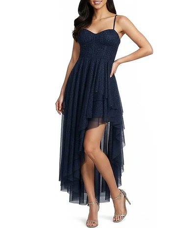 Pear Culture Glitter Mesh Sweetheart Neck Corseted Asymmetrical Hem High Low Dress