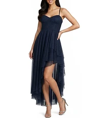 Pear Culture Glitter Mesh Sweetheart Neck Corseted Asymmetrical Hem High Low Dress