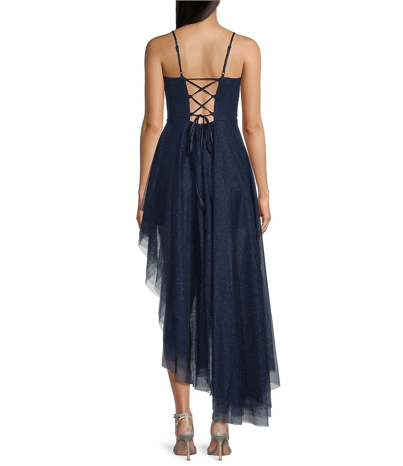 Pear Culture Glitter Mesh Sweetheart Neck Corseted Asymmetrical Hem High Low Dress