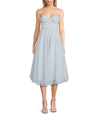 Pear Culture Glitter Mesh Sweetheart Neck Corseted Waist Trim Pleated Midi Dress