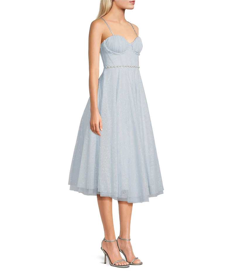 Pear Culture Glitter Mesh Sweetheart Neck Corseted Waist Trim Pleated Midi Dress