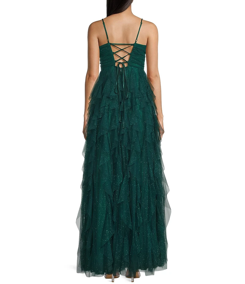 Pear Culture Glitter Mesh Sweetheart Neck Sleeveless Cut Front Bodice Dress