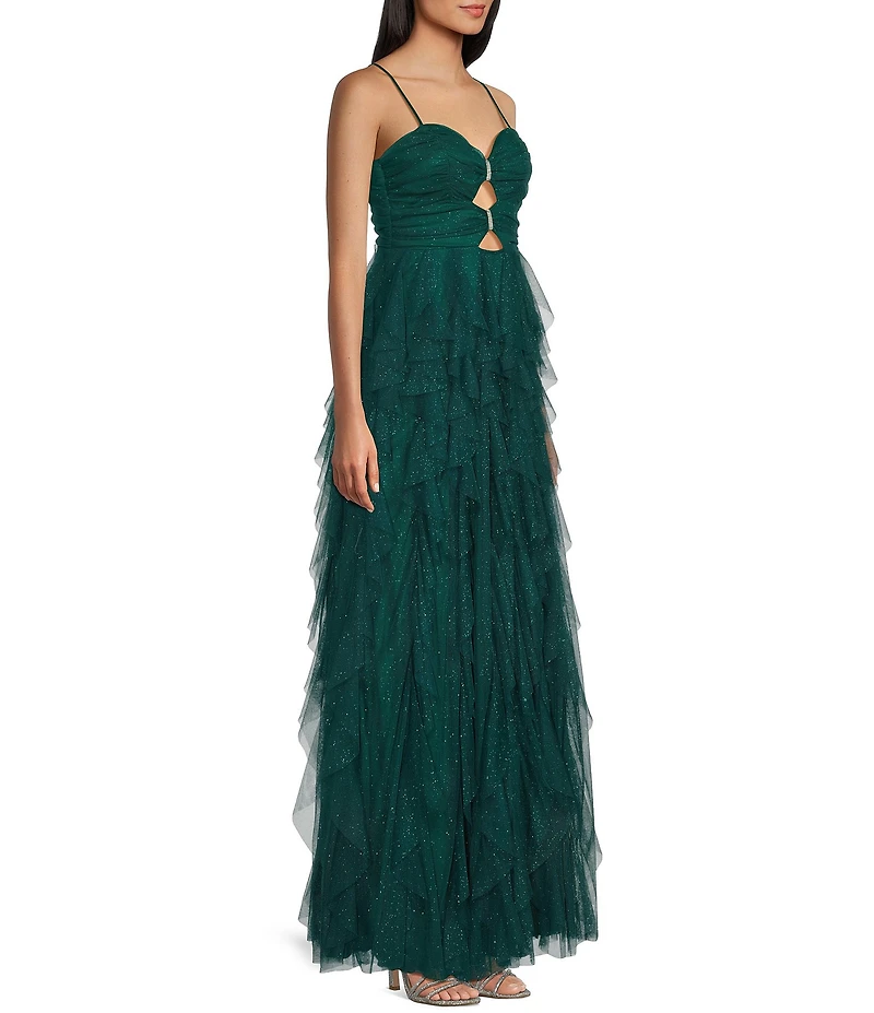 Pear Culture Glitter Mesh Sweetheart Neck Sleeveless Cut Front Bodice Dress