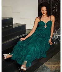 Pear Culture Glitter Mesh Sweetheart Neck Sleeveless Cut Front Bodice Dress
