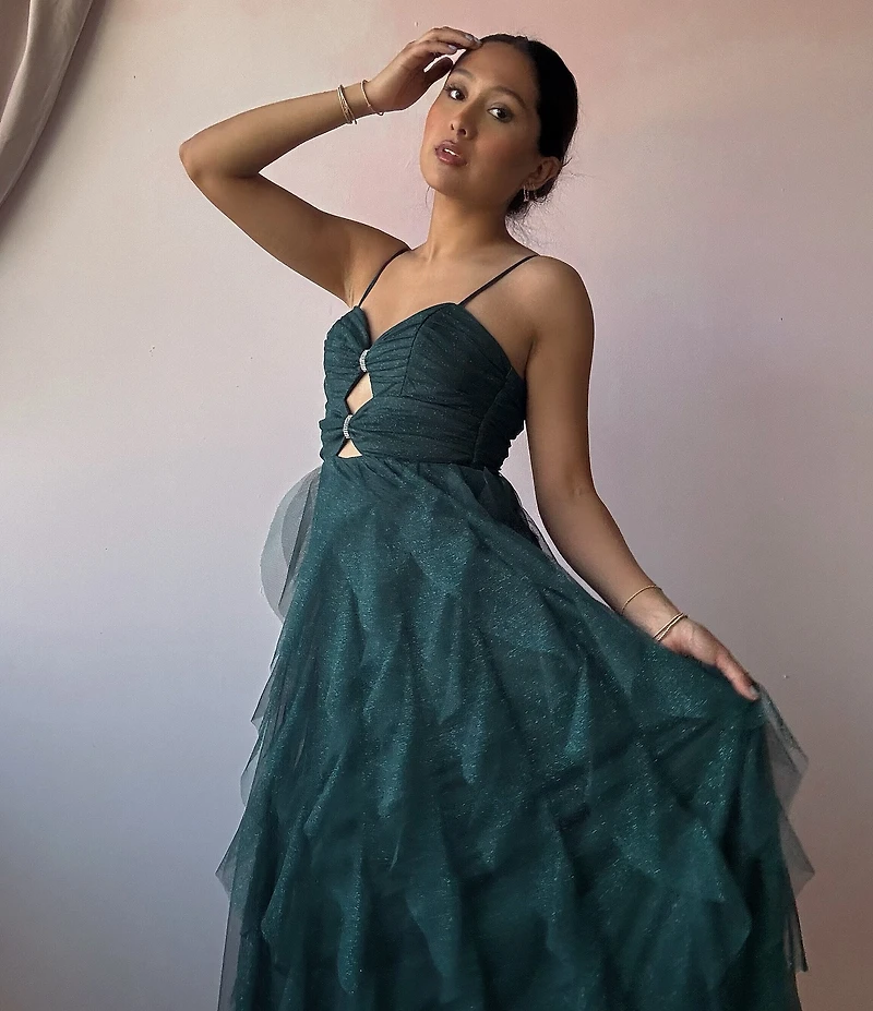 Pear Culture Glitter Mesh Sweetheart Neck Sleeveless Cut Front Bodice Dress