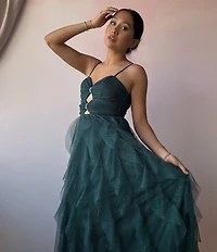 Pear Culture Glitter Mesh Sweetheart Neck Sleeveless Cut Front Bodice Dress
