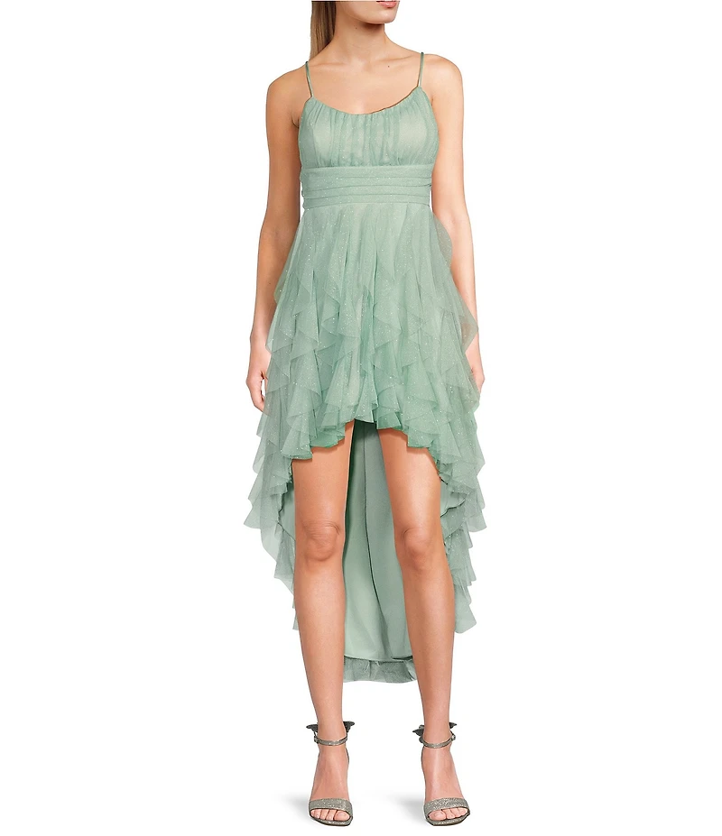 Pear Culture Glitter Mesh Tulle Corkscrew High-Low Dress