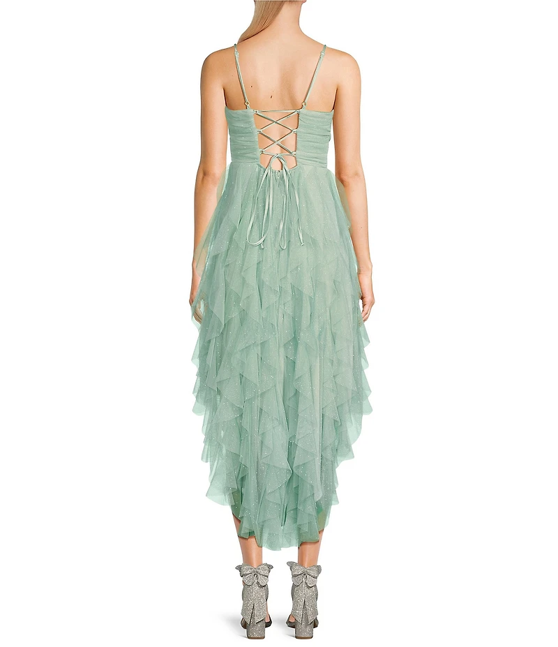 Pear Culture Glitter Mesh Tulle Corkscrew High-Low Dress