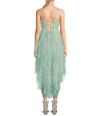 Pear Culture Glitter Mesh Tulle Corkscrew High-Low Dress