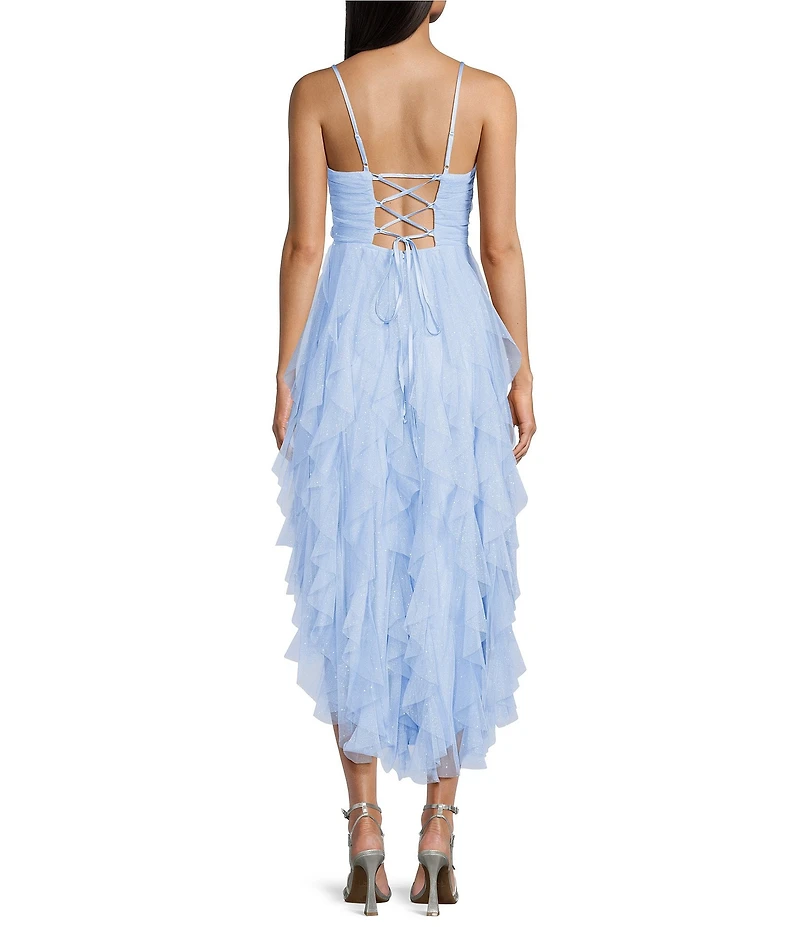 Pear Culture Glitter Mesh Tulle Corkscrew High-Low Dress
