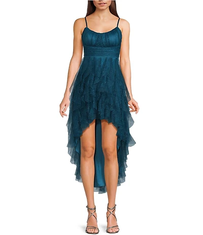 Pear Culture Glitter Mesh Tulle Corkscrew High-Low Dress