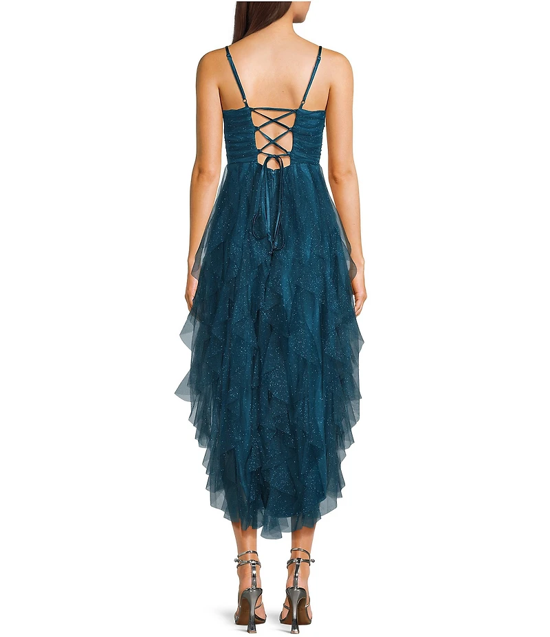 Pear Culture Glitter Mesh Tulle Corkscrew High-Low Dress
