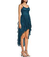 Pear Culture Glitter Mesh Tulle Corkscrew High-Low Dress