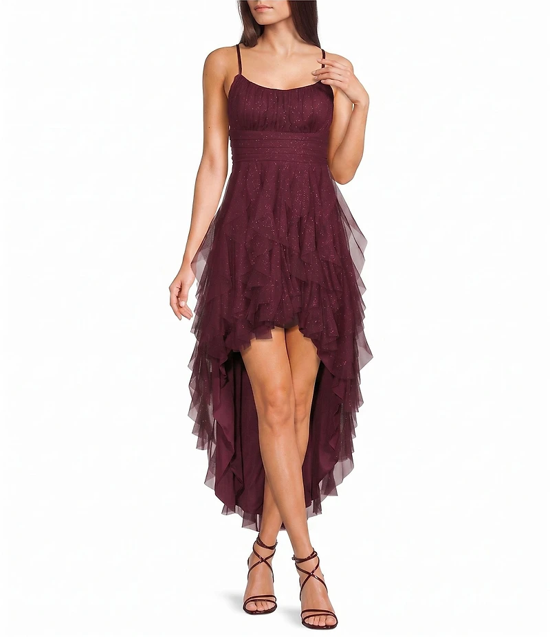 Pear Culture Glitter Mesh Tulle Corkscrew High-Low Dress