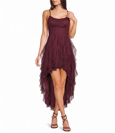 Pear Culture Glitter Mesh Tulle Corkscrew High-Low Dress