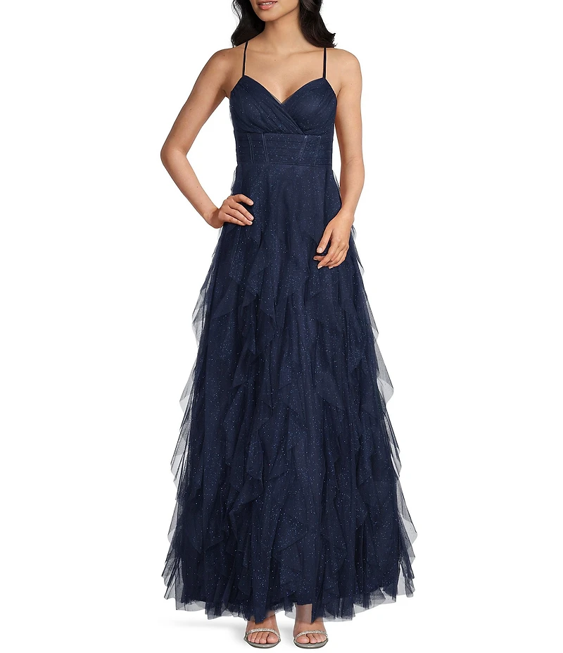 Pear Culture Glitter Mesh V-Neck Corset Bodice Corkscrew Ballgown