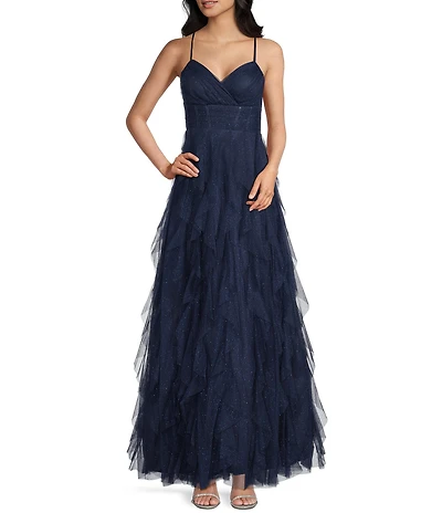 Pear Culture Glitter Mesh V-Neck Corset Bodice Corkscrew Ballgown