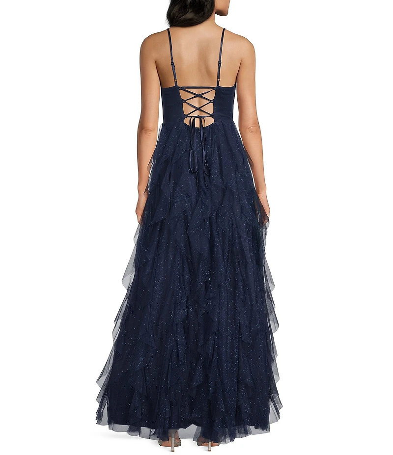 Pear Culture Glitter Mesh V-Neck Corset Bodice Corkscrew Ballgown