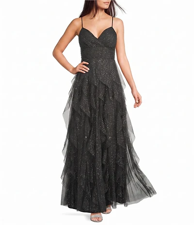 Pear Culture Glitter Mesh V-Neck Corset Corkscrew Dress