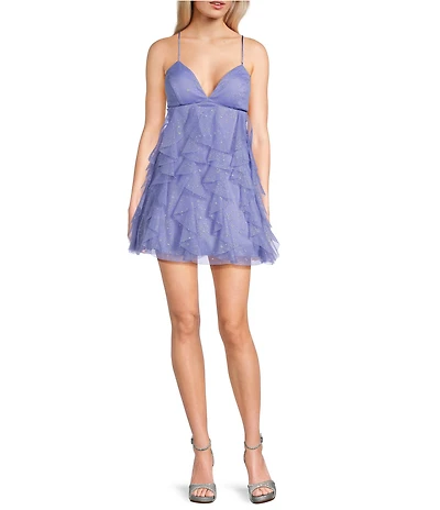 Pear Culture Glitter Mesh V-Neck Empire Waist Spaghetti Strap Star Dress