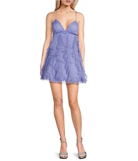 Pear Culture Glitter Mesh V-Neck Empire Waist Spaghetti Strap Star Dress