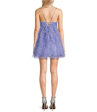 Pear Culture Glitter Mesh V-Neck Empire Waist Spaghetti Strap Star Dress