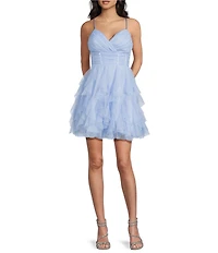 Pear Culture Glitter Mesh V-Neck Fit And Flare Ruffled Dress