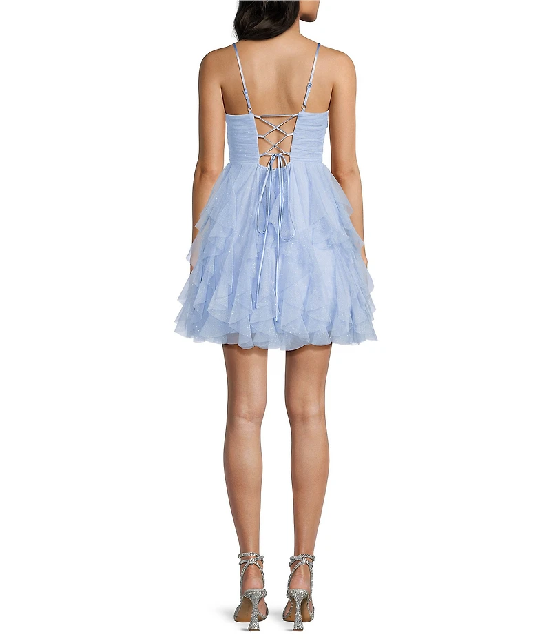 Pear Culture Glitter Mesh V-Neck Fit And Flare Ruffled Dress