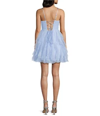 Pear Culture Glitter Mesh V-Neck Fit And Flare Ruffled Dress