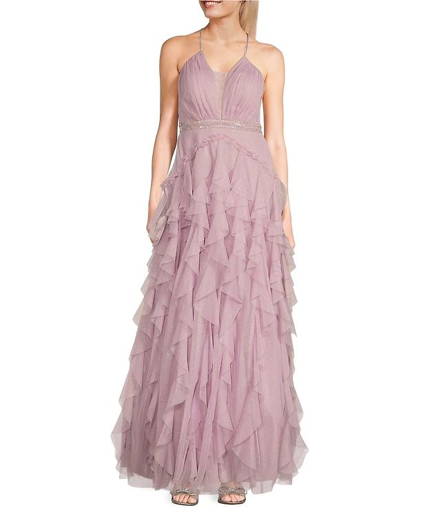 Pear Culture Glitter Mesh V-Neck Spaghetti Strap Drop Waist Corkscrew Dress  at Hamilton Place in Chattanooga, TN