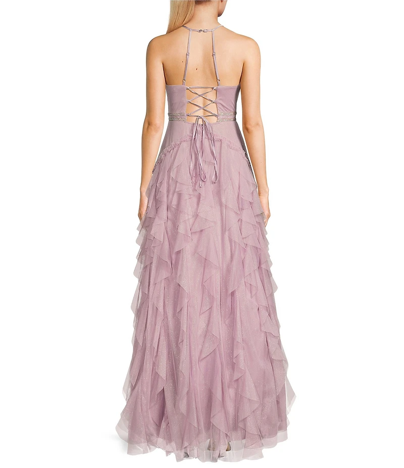 Pear Culture Glitter Mesh V-Neck Spaghetti Strap Drop Waist Corkscrew Dress