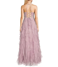 Pear Culture Glitter Mesh V-Neck Spaghetti Strap Drop Waist Corkscrew Dress
